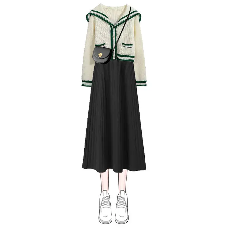 2022 Fall Winter Women's Preppy Style Thin Knit Coats Sleeveless Dress 2 Pcs Set Korean Lady Casual Joker Sweater Jacket Outfits
2022 Fall Winter Women's Preppy Style Thin Knit Coats Sleeveless Dress 2 Pcs Set Korean Lady Casual Joker Sweater Jacket Outfits