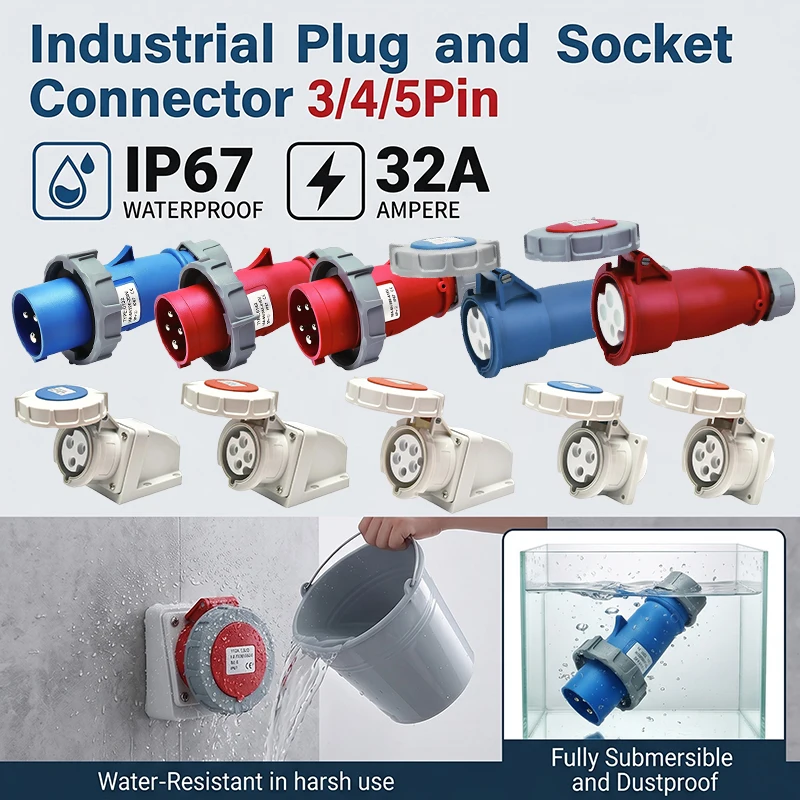 32A IP67 Industrial Plug and Socket Connector 3P 4P 5P Waterproof Male Female Surface Mounted Wall Socket 220V 380V 415V Power
32A IP67 Industrial Plug and Socket Connector 3P 4P 5P Waterproof Male Female Surface Mounted Wall Socket 220V 380V 415V Power