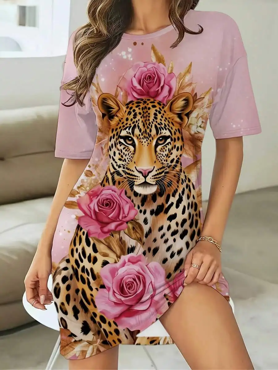 Womens Leopard And Rose Print Short Sleeve Round Neck Mini Dress
Womens Leopard And Rose Print Short Sleeve Round Neck Mini Dress