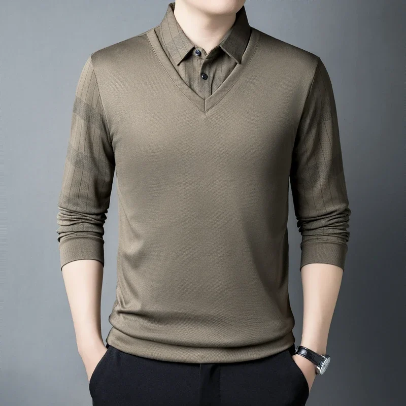 Мужская одежда, весенне-осенний пуловер с отложным воротником, однотонная полосатая футболка с длинными рукавами и пуговицами, модные топы WT20 
Мужская одежда, весенне-осенний пуловер с отложным воротником, однотонная полосатая футболка с длинными рукавами и пуговицами, модные топы WT20