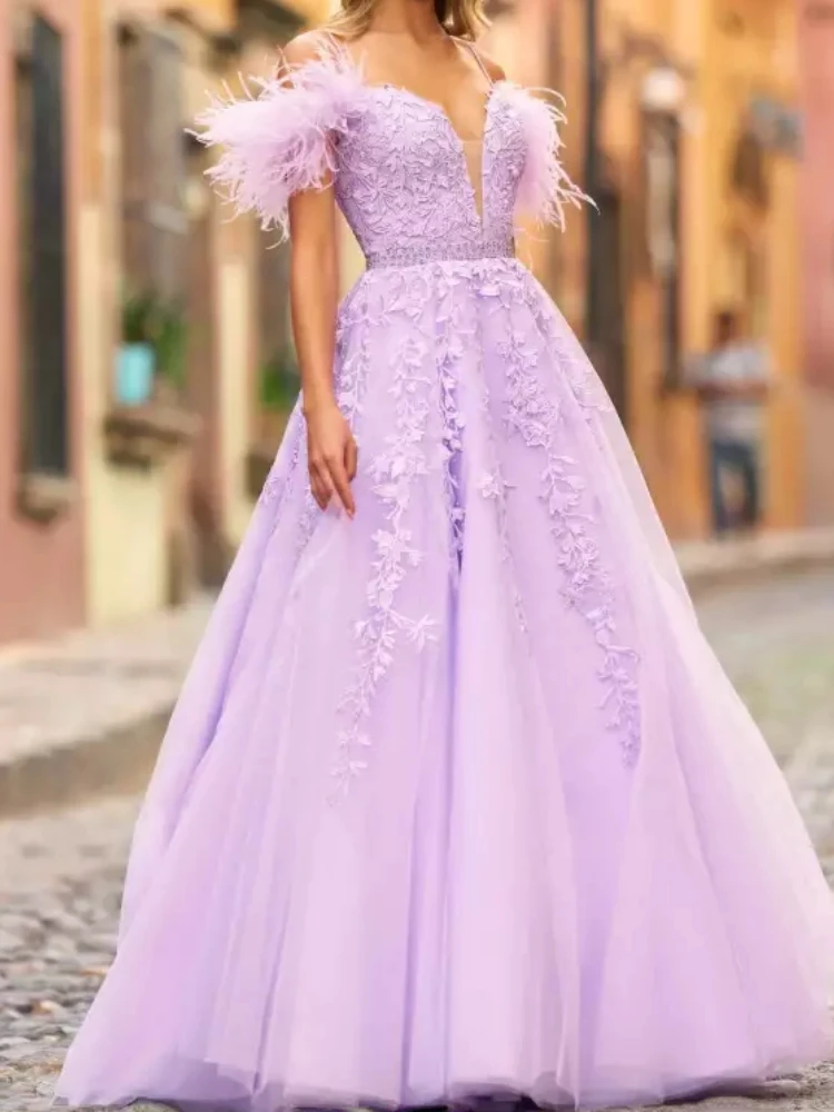 Elegant Lilac Women Formal Evening Dresses V Neck Lace Feather A Line Floor Length Prom Occasion Wear Wedding Party Dress 2025
Elegant Lilac Women Formal Evening Dresses V Neck Lace Feather A Line Floor Length Prom Occasion Wear Wedding Party Dress 2025