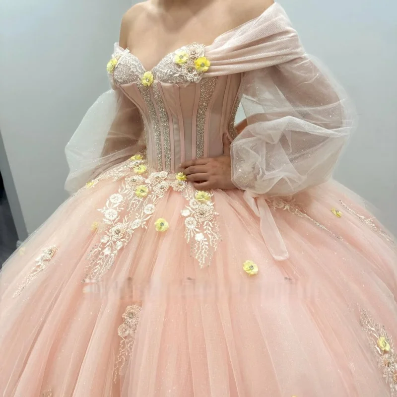 Light Pink Quinceanera Dress off-shoulder Sequins Crystal 3D Flower Decal Long tail Bow vestidos de 15 Quinceanera Customize
Light Pink Quinceanera Dress off-shoulder Sequins Crystal 3D Flower Decal Long tail Bow vestidos de 15 Quinceanera Customize