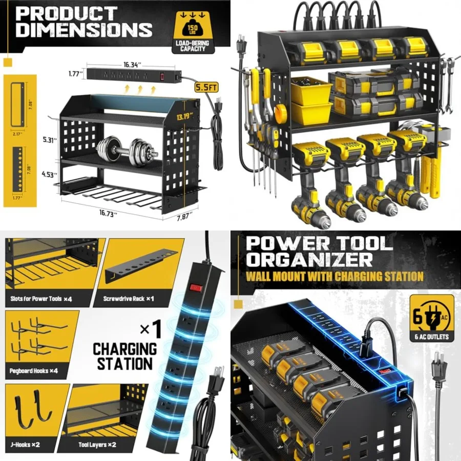 Power Tool Organizer with Charging Station 6 Outlets, 3-Layer Heavy Duty Wall Mount Drill Storage Rack, Cordless Tool with Util
Power Tool Organizer with Charging Station 6 Outlets, 3-Layer Heavy Duty Wall Mount Drill Storage Rack, Cordless Tool with Util