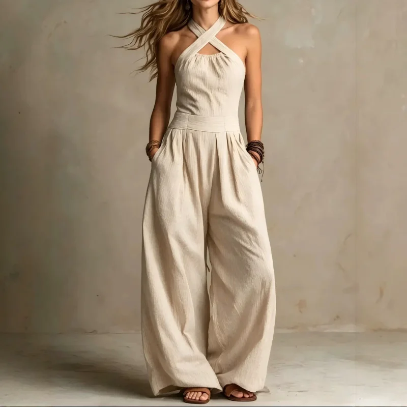 Summer 2026 Women's Wide Leg Jumpsuit Neck Cross Design Waist Cinched Exposed Back Fashionable Casual Outfit
Summer 2026 Women's Wide Leg Jumpsuit Neck Cross Design Waist Cinched Exposed Back Fashionable Casual Outfit