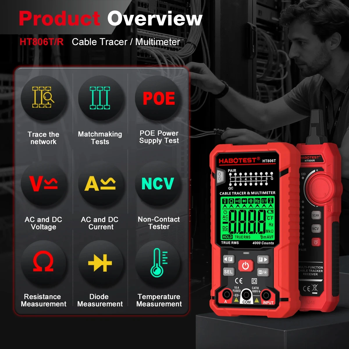 HABOTEST HT806TR Multi Meter Line Finder 2-in-1 Network Testing Intelligent Digital High-Precision Anti Burn Universal Meter
HABOTEST HT806TR Multi Meter Line Finder 2-in-1 Network Testing Intelligent Digital High-Precision Anti Burn Universal Meter
