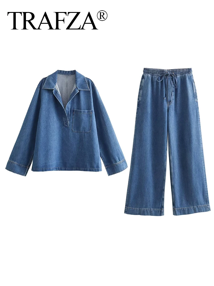 TRAFZA Women Denim Set Elastic Waist Lace Up Loose Denim Wide Leg Pants Elegant Blouse Vintage Lapel Pocket Long Sleeve Top
TRAFZA Women Denim Set Elastic Waist Lace Up Loose Denim Wide Leg Pants Elegant Blouse Vintage Lapel Pocket Long Sleeve Top