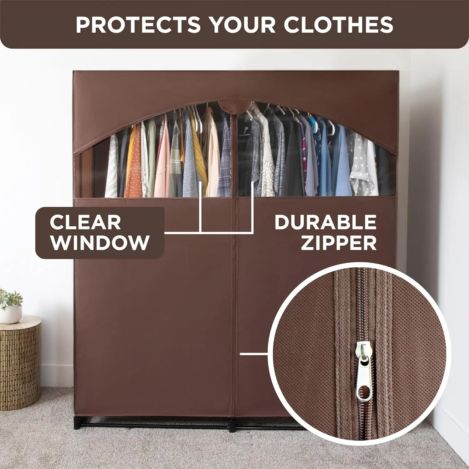Portable Wardrobe Closet, Large - Premium Heavy Duty Hanging Rod with Brown Cover.
Portable Wardrobe Closet, Large - Premium Heavy Duty Hanging Rod with Brown Cover.