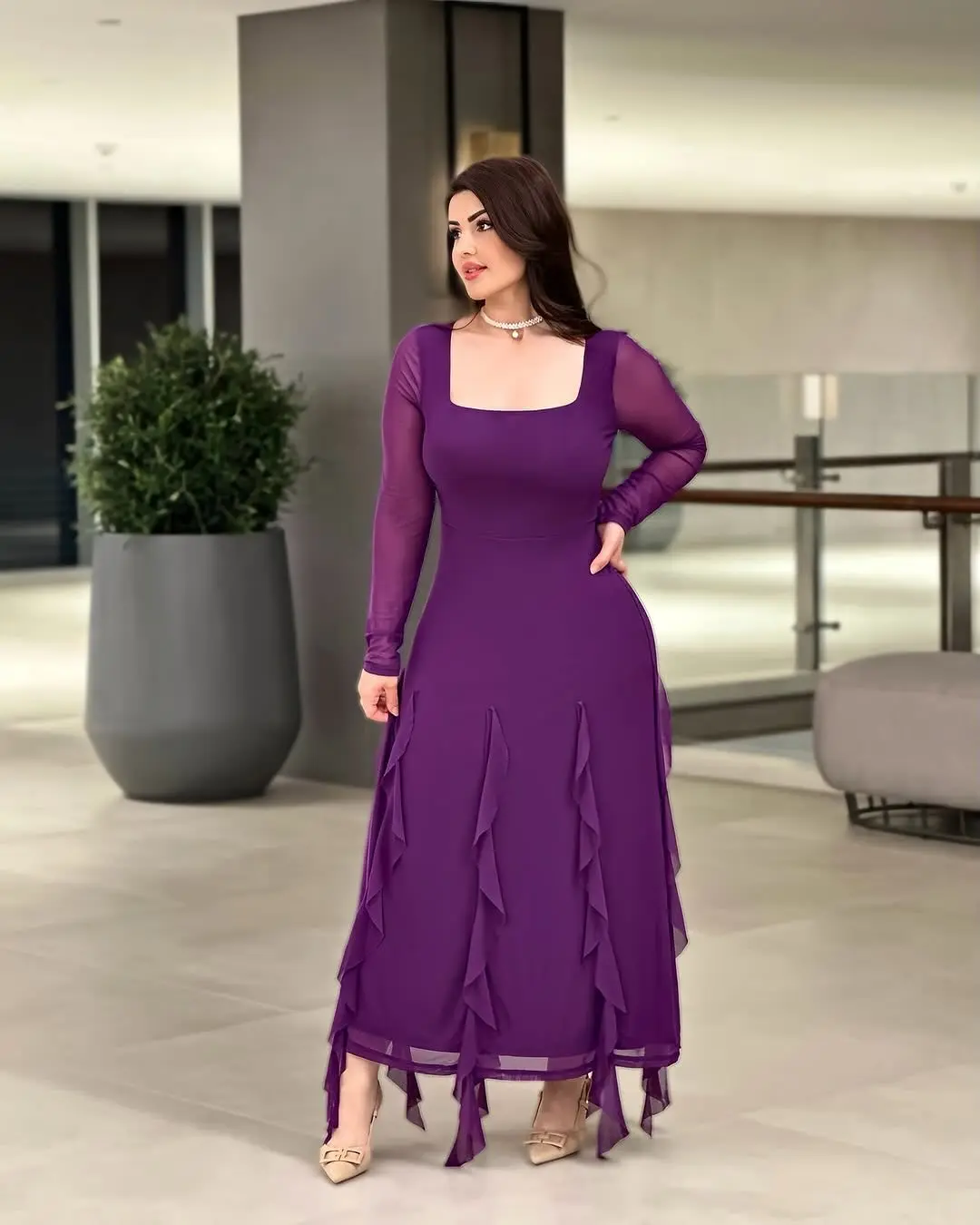 Customized Temperament Square Collar Long Sleeves Evening Dresses Graceful Jersey Pleats Purple Vestido De Festa Robe de soirée
Customized Temperament Square Collar Long Sleeves Evening Dresses Graceful Jersey Pleats Purple Vestido De Festa Robe de soirée