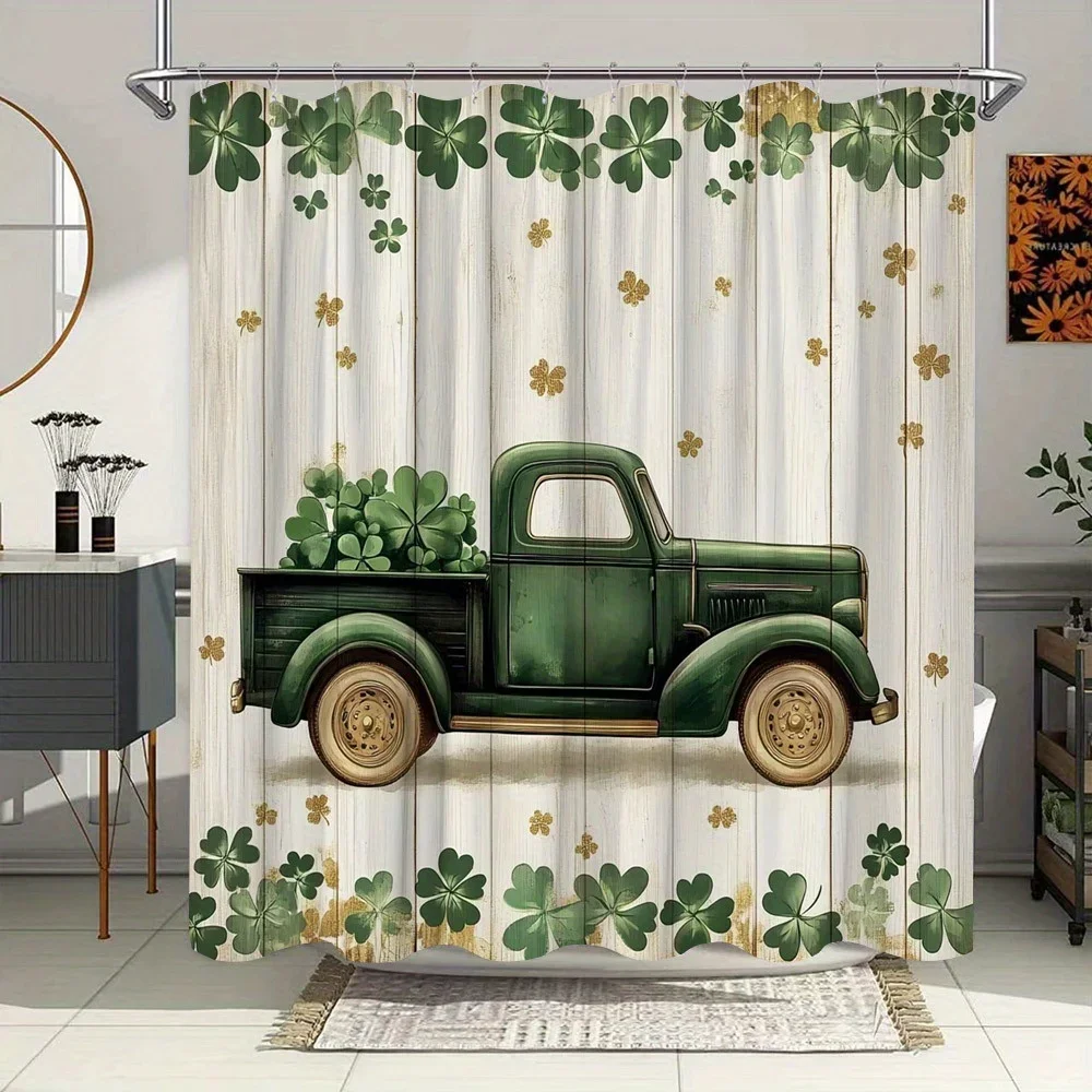 Винтажная занавеска для душа Green Truck — четырехлистный клевер, фон из потертого дерева, акценты из золотых листьев, полиэстер
Винтажная занавеска для душа Green Truck — четырехлистный клевер, фон из потертого дерева, акценты из золотых листьев, полиэстер