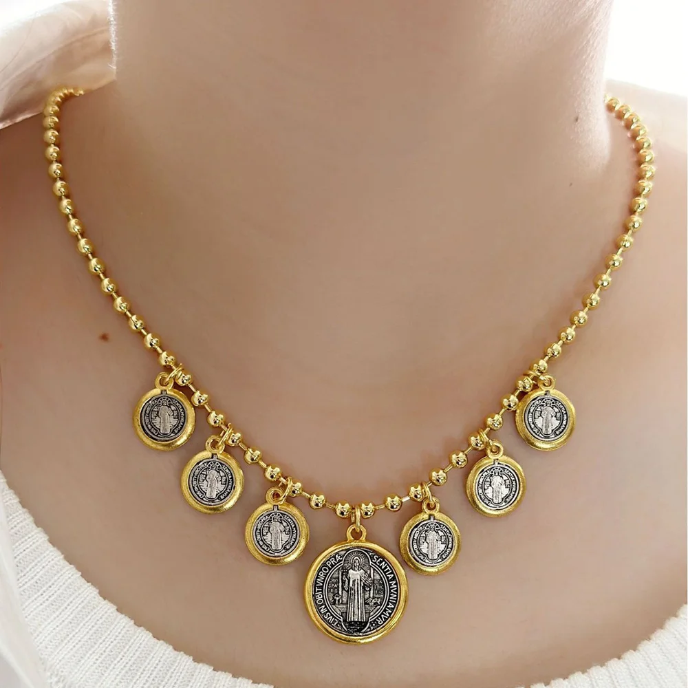 New Copper Gold-Plated St. Benedict Pendant Necklace for Women Gold Color Charm Ladies Multi-pendant Choker Jewelry
New Copper Gold-Plated St. Benedict Pendant Necklace for Women Gold Color Charm Ladies Multi-pendant Choker Jewelry