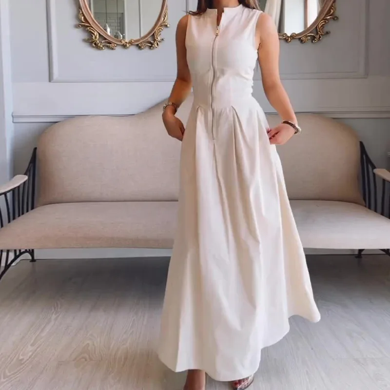 Fashionable Sleeveless Patchwork Zipper Maxi Dress Elegant V Neck Slim Fit Pleated Dress Summer Office Ladies Street Robe
Fashionable Sleeveless Patchwork Zipper Maxi Dress Elegant V Neck Slim Fit Pleated Dress Summer Office Ladies Street Robe