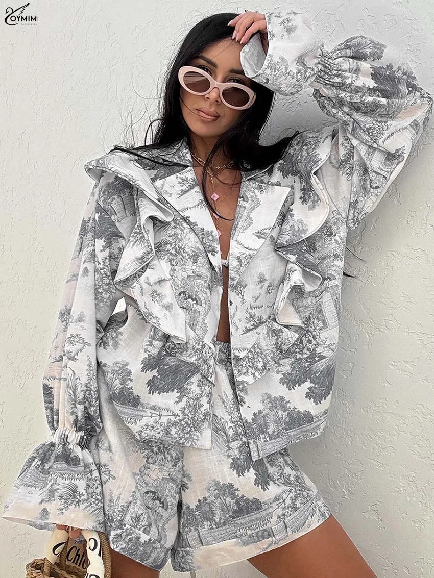 Oymimi Fashion Grey Print 2 Pieces Set For Woman Elegant Ruffled Long Sleeve Single Breasted Shirts And High Waist Shorts Sets
Oymimi Fashion Grey Print 2 Pieces Set For Woman Elegant Ruffled Long Sleeve Single Breasted Shirts And High Waist Shorts Sets