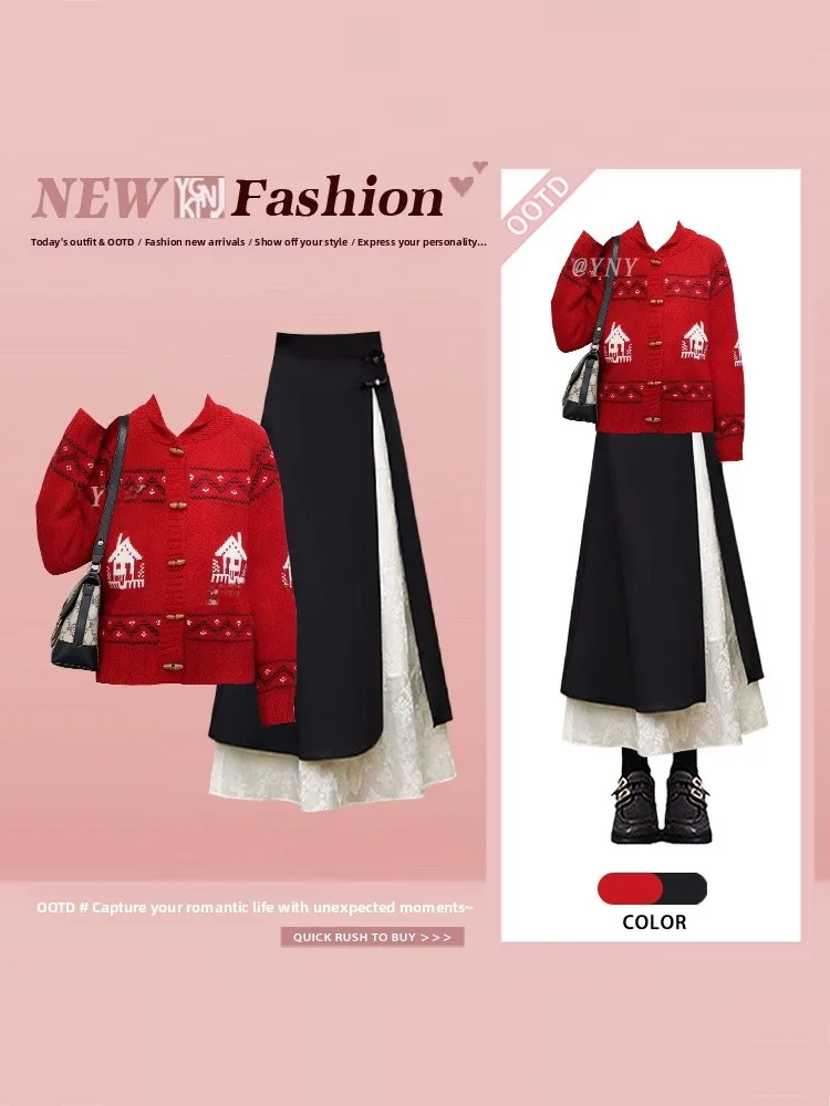 Ele Red Knitted Open Cardigan Top And Midi Skirt Set for Women Vintage Floral Embroidery Chinese Sle Spring Faion
Ele Red Knitted Open Cardigan Top And Midi Skirt Set for Women Vintage Floral Embroidery Chinese Sle Spring Faion