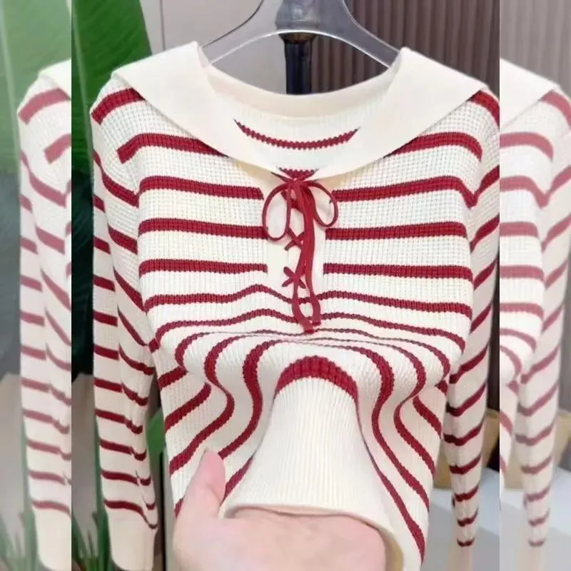 Полосатый свитер на шнуровке с длинными рукавами, темно-синий свитер с воротником, осень-зима 2022, новый модный базовый топ 
Полосатый свитер на шнуровке с длинными рукавами, темно-синий свитер с воротником, осень-зима 2022, новый модный базовый топ