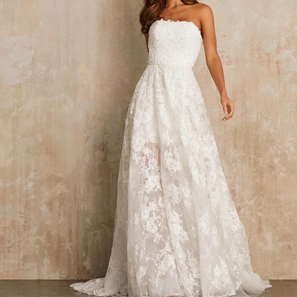 CustomizedExquisite Appliques Strapless Lace Crystal Tulle Wedding Dresses Formal Sweep Train A-Line Floor Length Sleeveless Cus
CustomizedExquisite Appliques Strapless Lace Crystal Tulle Wedding Dresses Formal Sweep Train A-Line Floor Length Sleeveless Cus
