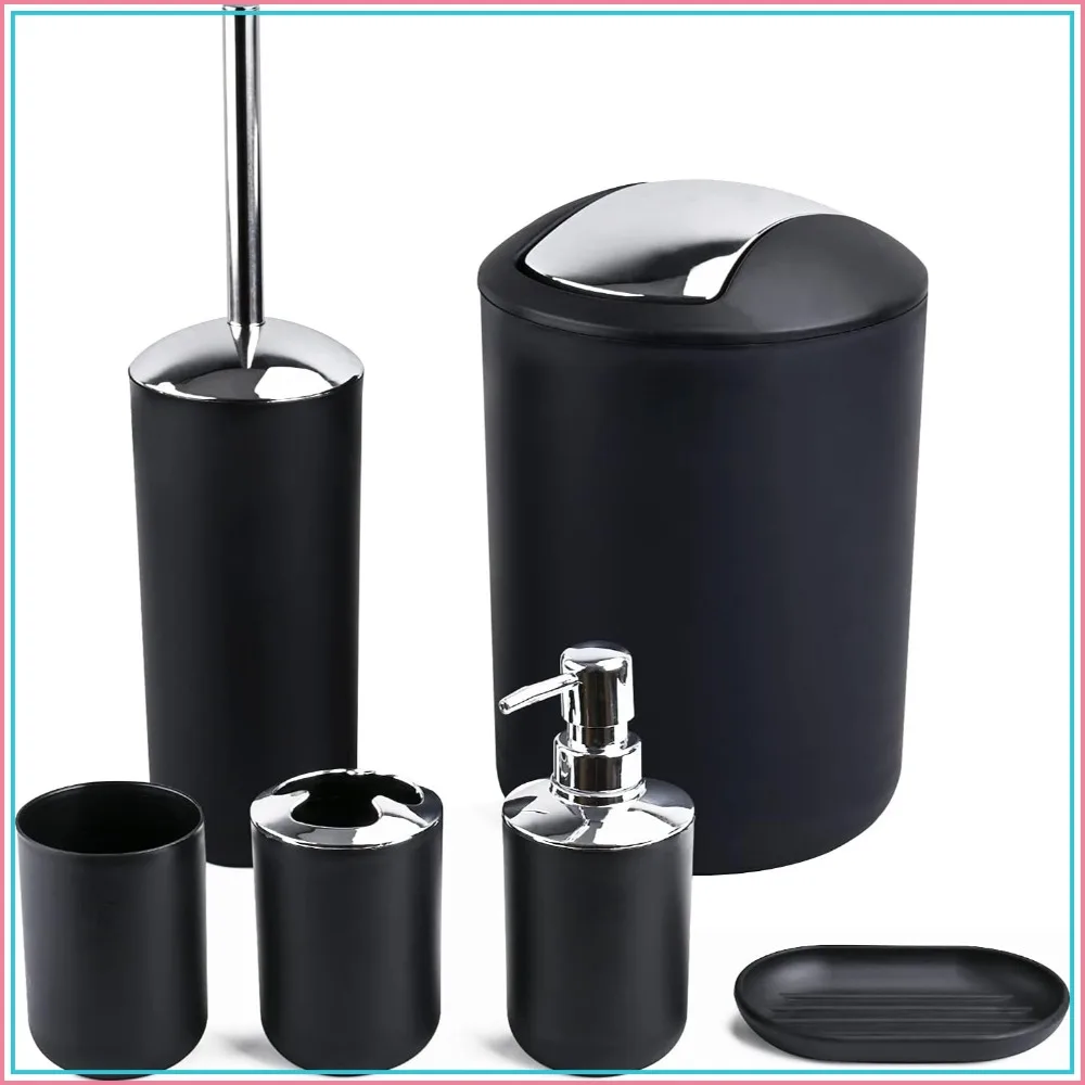 6-Piece Bathroom Accessories Set: Toothbrush Holder, Soap Dispenser, Toilet Brush, Trash Can, Tumbler, Cup
6-Piece Bathroom Accessories Set: Toothbrush Holder, Soap Dispenser, Toilet Brush, Trash Can, Tumbler, Cup