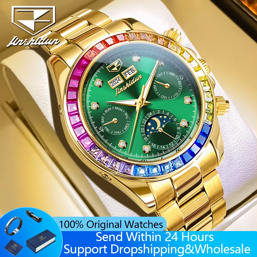 JINSHIDUN 8974 Moon Phase Automatic Watch for Men Gold Steel Strap Rainbow Diamond Lap Luxury Original Brand Mechanical Watches
JINSHIDUN 8974 Moon Phase Automatic Watch for Men Gold Steel Strap Rainbow Diamond Lap Luxury Original Brand Mechanical Watches