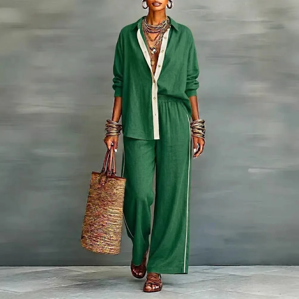 2026 Women 2 Piece Set Elastic Waist Stripes Wide Leg Pants+ Single-Breasted Slit Hem Blouse Top Sets Holiday Street Female Suit
2026 Women 2 Piece Set Elastic Waist Stripes Wide Leg Pants+ Single-Breasted Slit Hem Blouse Top Sets Holiday Street Female Suit