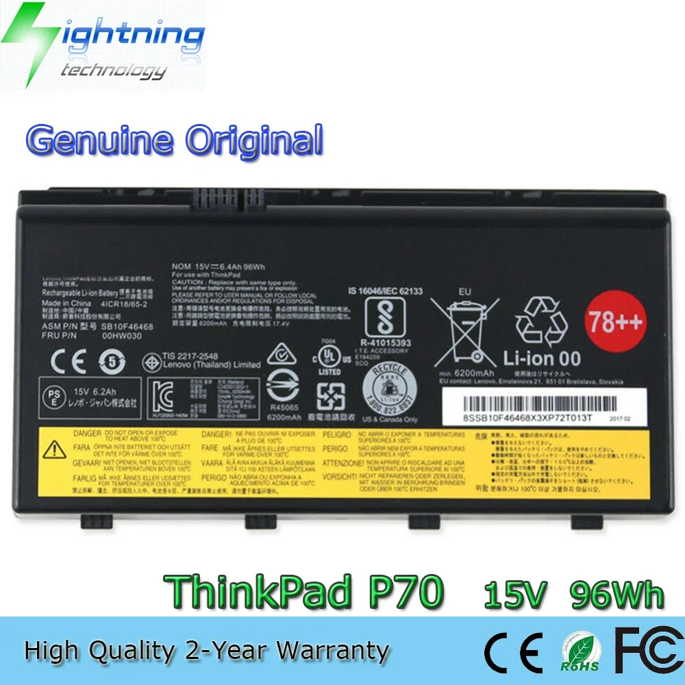 New Genuine Original 78++ 00HW030 15V 96Wh Laptop Battery for Lenovo ThinkPad P70 P71 4ICR18/65-2 01AV451 SB10F46468 etc.
New Genuine Original 78++ 00HW030 15V 96Wh Laptop Battery for Lenovo ThinkPad P70 P71 4ICR18/65-2 01AV451 SB10F46468 etc.