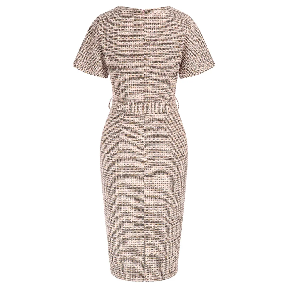 Women Short Sleeve Back Slit Dress With Belt Ol Ladies Crew Neck Bodycon Dress Vintage Tweed Dress Slim Fit Knee Length Dress
Women Short Sleeve Back Slit Dress With Belt Ol Ladies Crew Neck Bodycon Dress Vintage Tweed Dress Slim Fit Knee Length Dress