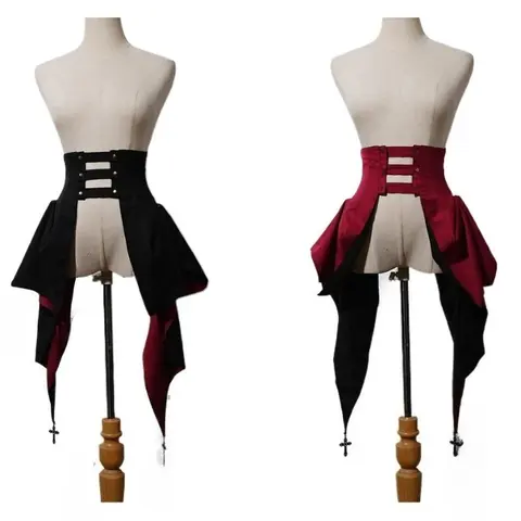 Ortaçağ İpli Ruffles Düzensiz Steampunk Korse Vintage Dantel Up Gotik Lolita Korsan Kostüm Punk Siyah Telaş Etek