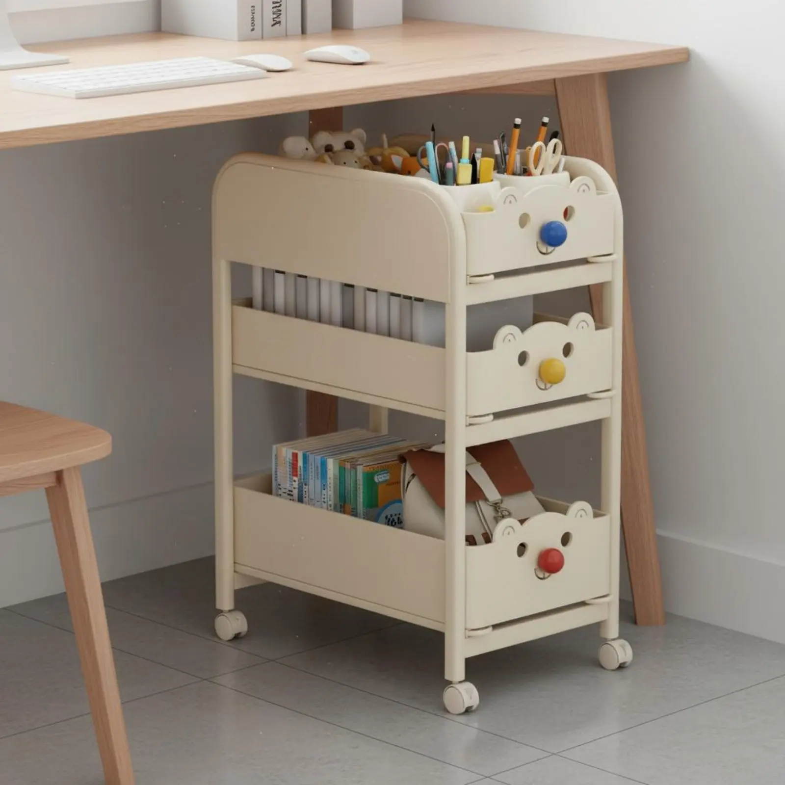 School Bag Storage Rack Movable with Wheels Student Desk Side Shelf Mobile Book Cart Space-Saving Design for Study Room
School Bag Storage Rack Movable with Wheels Student Desk Side Shelf Mobile Book Cart Space-Saving Design for Study Room