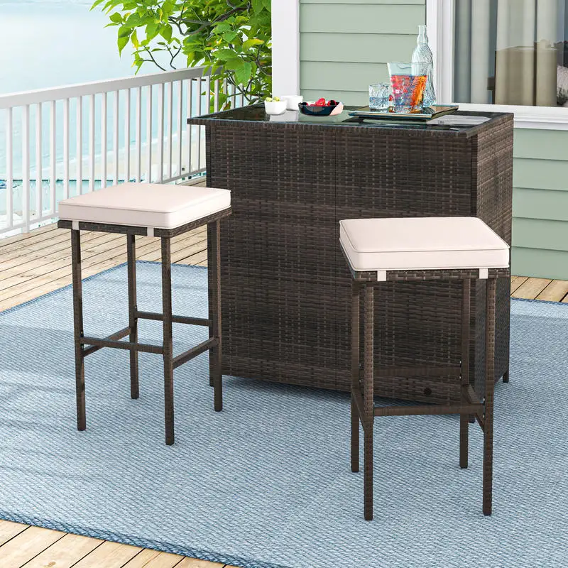 3 Pcs Patio Bar Set with Tempered Glass Tabletop-Brown
3 Pcs Patio Bar Set with Tempered Glass Tabletop-Brown