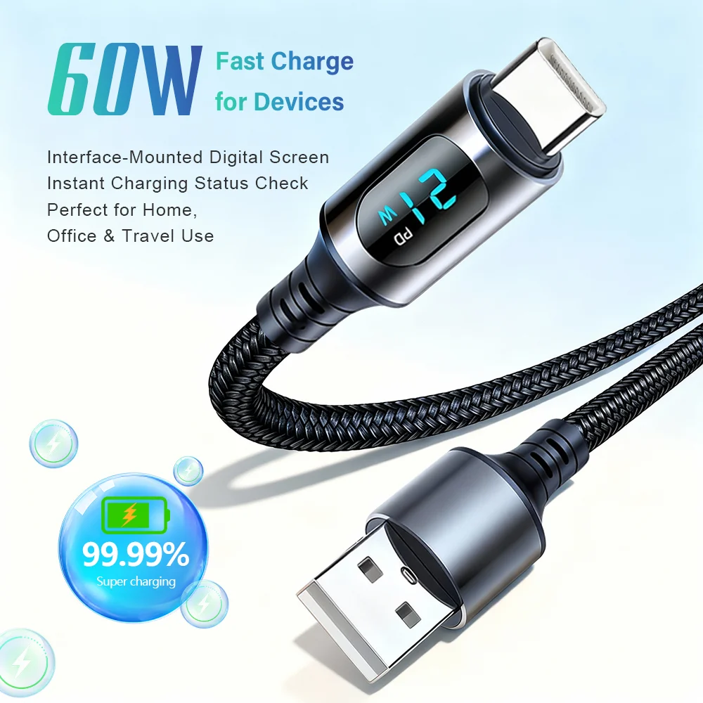 3A 60W USBA to Type C Super Fast Charge Cable Nylon Data Cord for Xiaomi POCO Samsung With Led Digital Display Cable
3A 60W USBA to Type C Super Fast Charge Cable Nylon Data Cord for Xiaomi POCO Samsung With Led Digital Display Cable
