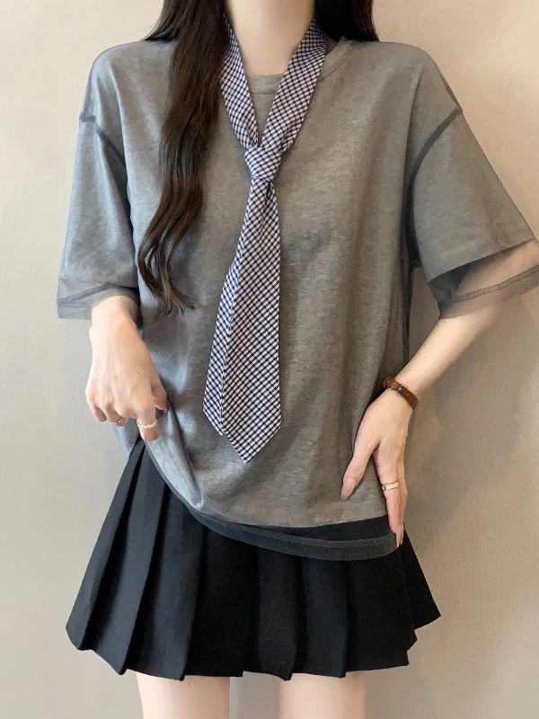 Gray Mesh Splice Shoulder T-Shirt Women's Summer New Large Size Fat MM College Style round Neck Top Korean Style Loose Fit
Gray Mesh Splice Shoulder T-Shirt Women's Summer New Large Size Fat MM College Style round Neck Top Korean Style Loose Fit