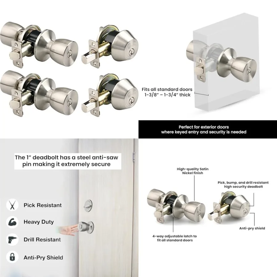 - Bell Style Keyed Entry Door Knob and Single Cylinder Deadbolt Set, 2-Pack - Keyed Alike, Satin Nickel
- Bell Style Keyed Entry Door Knob and Single Cylinder Deadbolt Set, 2-Pack - Keyed Alike, Satin Nickel