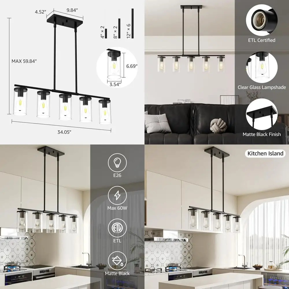 5-Light Island Pendant, Black Chandelier with Glass Shades, Dining Room Lighting Over Table, Adjustable Rods, Farmhouse Chandeli
5-Light Island Pendant, Black Chandelier with Glass Shades, Dining Room Lighting Over Table, Adjustable Rods, Farmhouse Chandeli