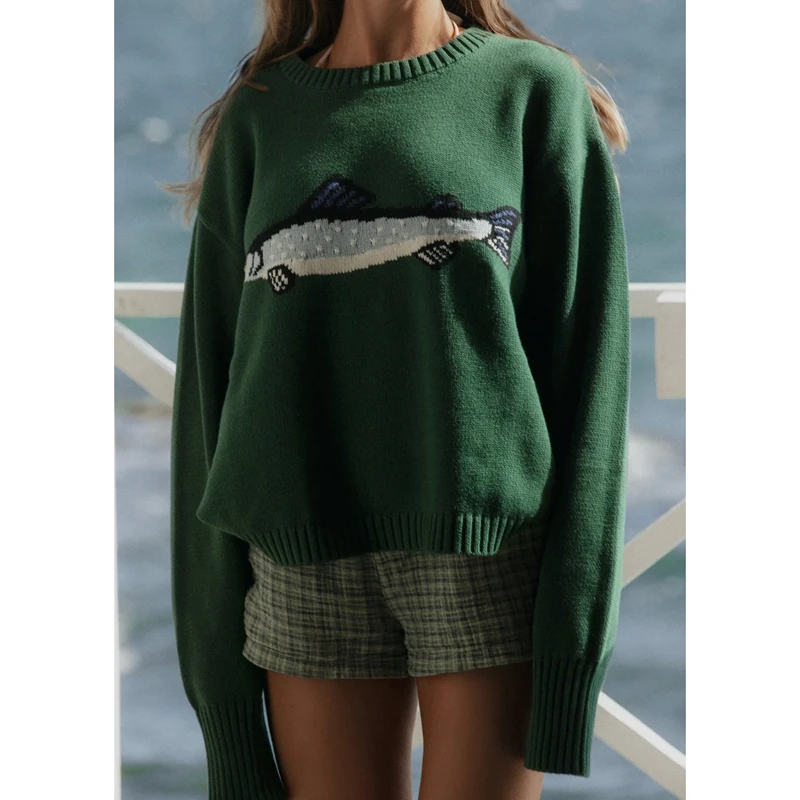 Combhasaki Women Y2K Vintage Ribbed Round Neck Sweater Aesthetic Fish Jacquard Long Sleeve Loose Fit Retro Knitwear Pullover Top
Combhasaki Women Y2K Vintage Ribbed Round Neck Sweater Aesthetic Fish Jacquard Long Sleeve Loose Fit Retro Knitwear Pullover Top