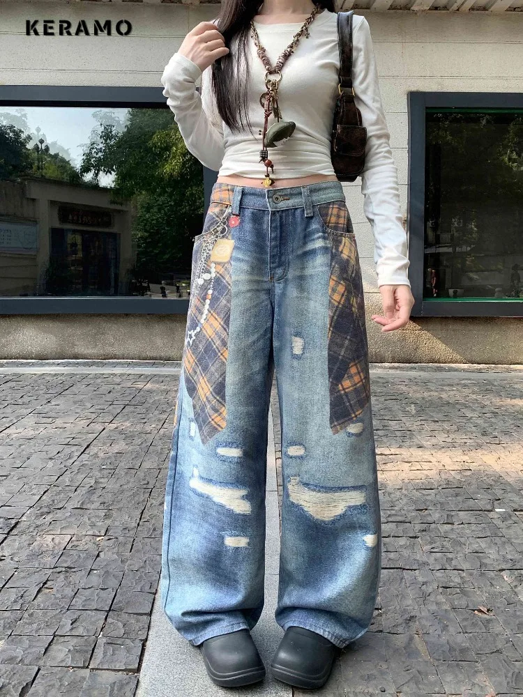 Trashy Eclectic Style Straight Denim Trouser Women's Y2K Plaid Patchwork 2000s Street Retro High Waist Jeans Ripped Pants
Trashy Eclectic Style Straight Denim Trouser Women's Y2K Plaid Patchwork 2000s Street Retro High Waist Jeans Ripped Pants