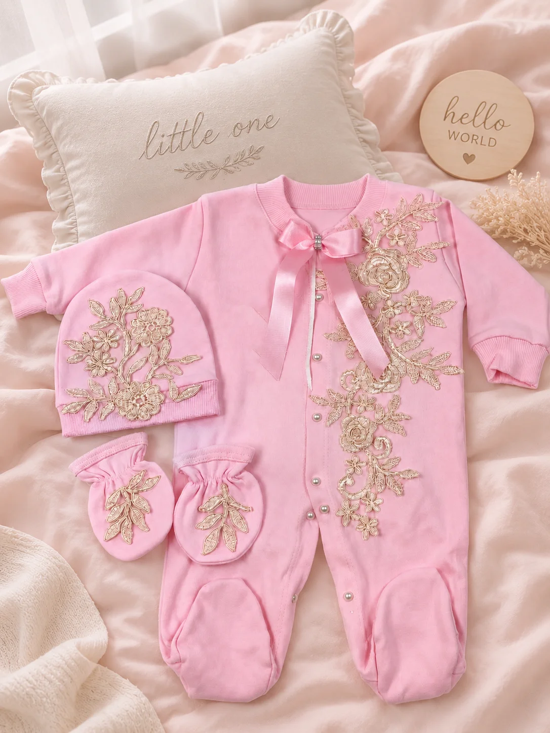 Elastic Combed Knit Champagne Rose Applique Girls Snap Front Footed Romper 3Pcs Newborn Sleep Protective Suit
Elastic Combed Knit Champagne Rose Applique Girls Snap Front Footed Romper 3Pcs Newborn Sleep Protective Suit