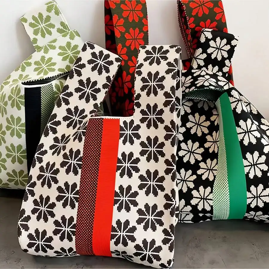 Floral Pattern Knitted Tote Bag With Striped Strap Polyester Women Casual Handbag
Floral Pattern Knitted Tote Bag With Striped Strap Polyester Women Casual Handbag