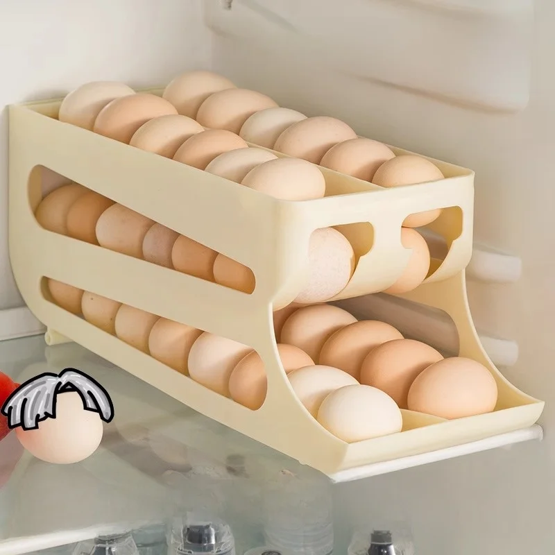 Кухонный ящик для хранения яиц Органайзер для яиц на колесиках Многослойный наклонный рот Auatic Валик для яиц Холодильник Лоток для яиц Fren ...