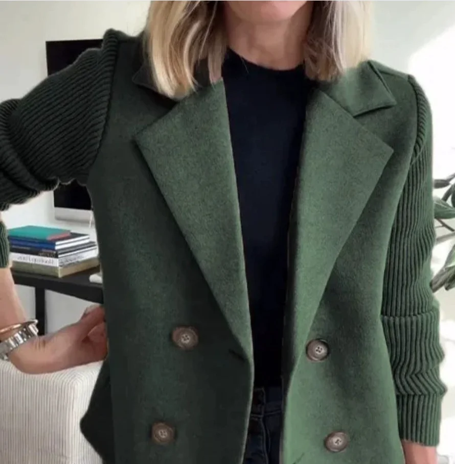 Women Coat Knitted Sleeves Patchwork Double-breasted Turn-down Collar Loose Suit Jacket Formal Business Style Sweater Coat
Women Coat Knitted Sleeves Patchwork Double-breasted Turn-down Collar Loose Suit Jacket Formal Business Style Sweater Coat