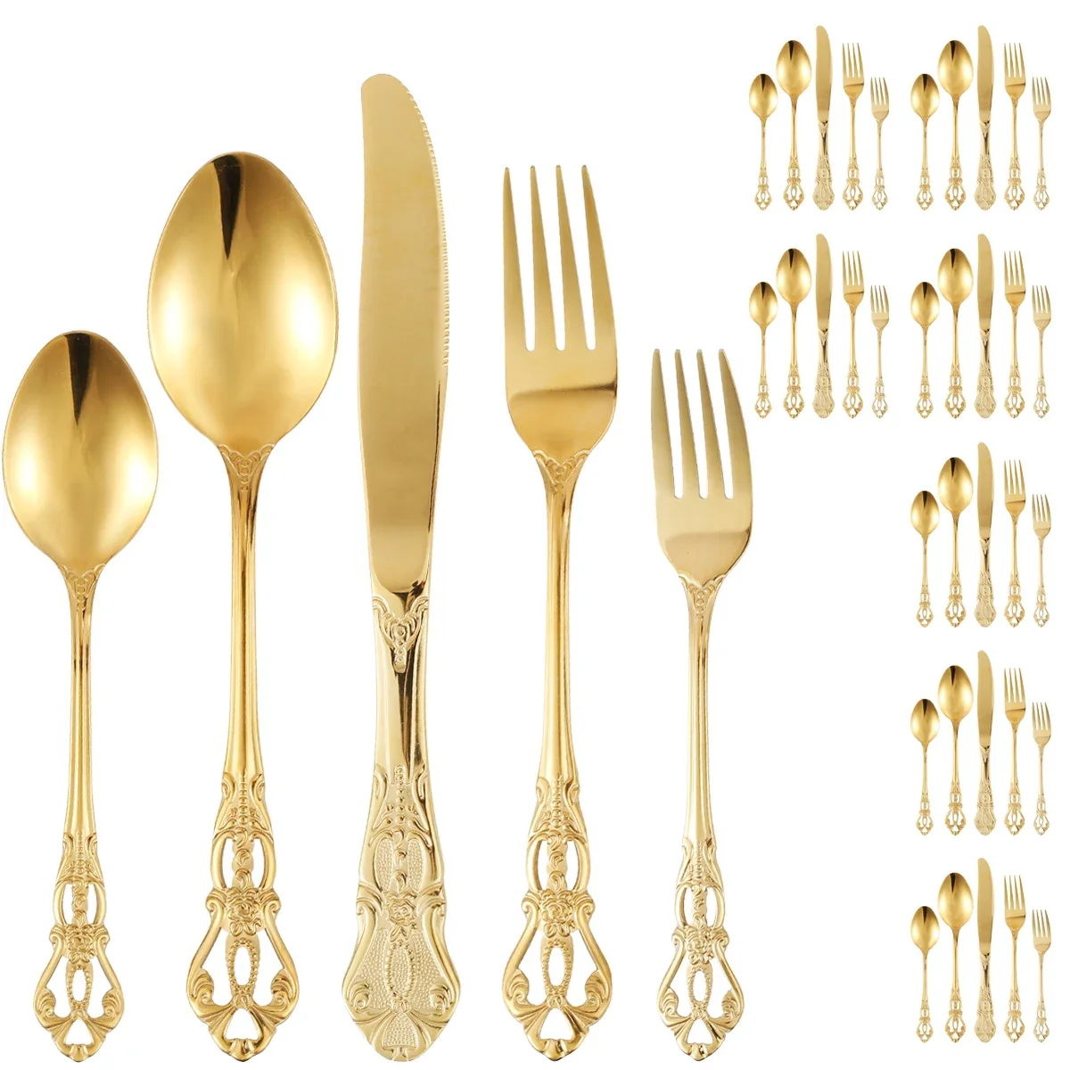 40PCS Gorgeous Retro Royal Flatware Set Stainless Steel Gold Silverware Set Vintage Embossed Kitchen Utensil Kit with Fork Spoon
40PCS Gorgeous Retro Royal Flatware Set Stainless Steel Gold Silverware Set Vintage Embossed Kitchen Utensil Kit with Fork Spoon