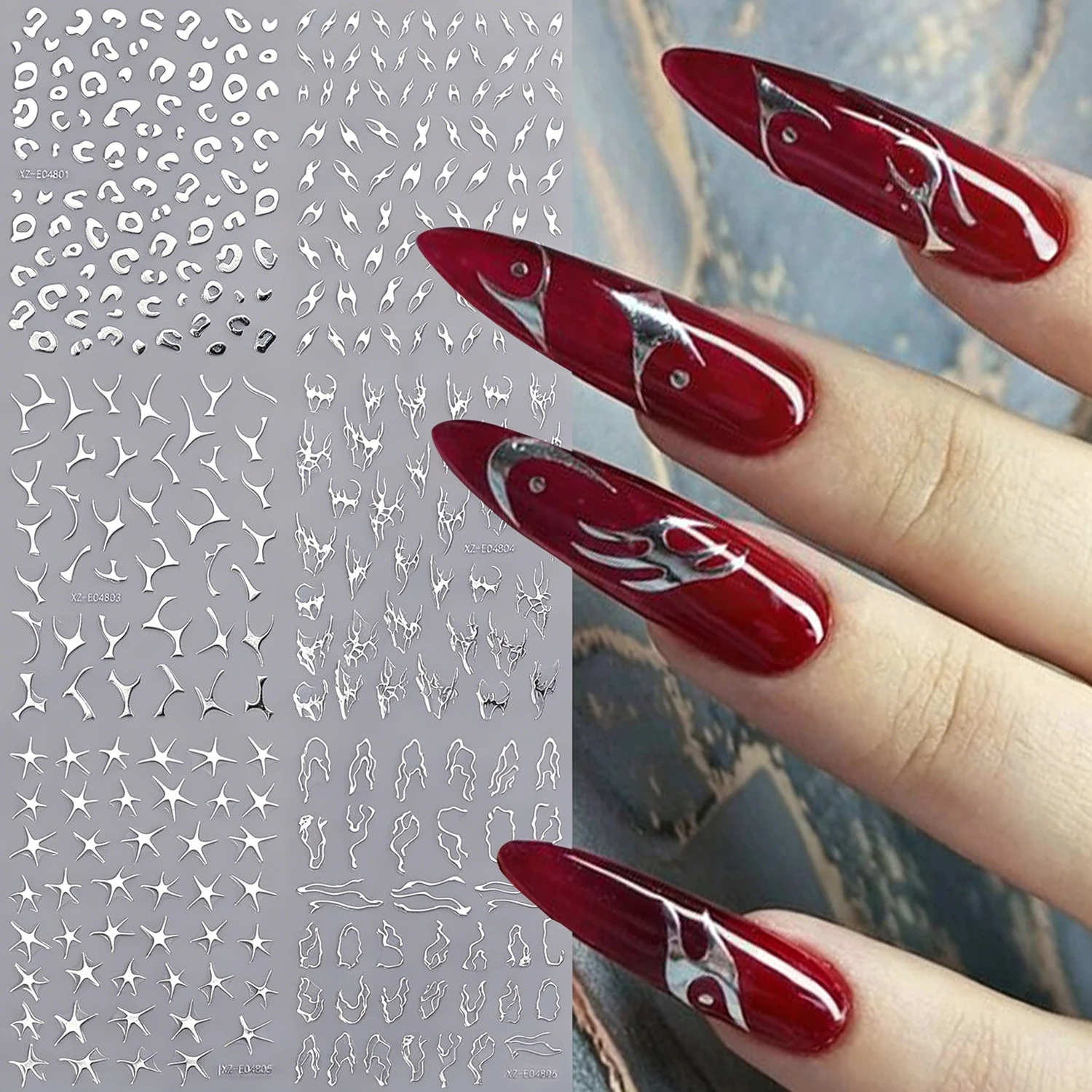 6Pcs Shiny Metal Silver Thorn Flame Nail Stickers 3D Irregular Abstract Lines Vine Curve Stripe Nail Decals Y2K Manicure Decorat
6Pcs Shiny Metal Silver Thorn Flame Nail Stickers 3D Irregular Abstract Lines Vine Curve Stripe Nail Decals Y2K Manicure Decorat