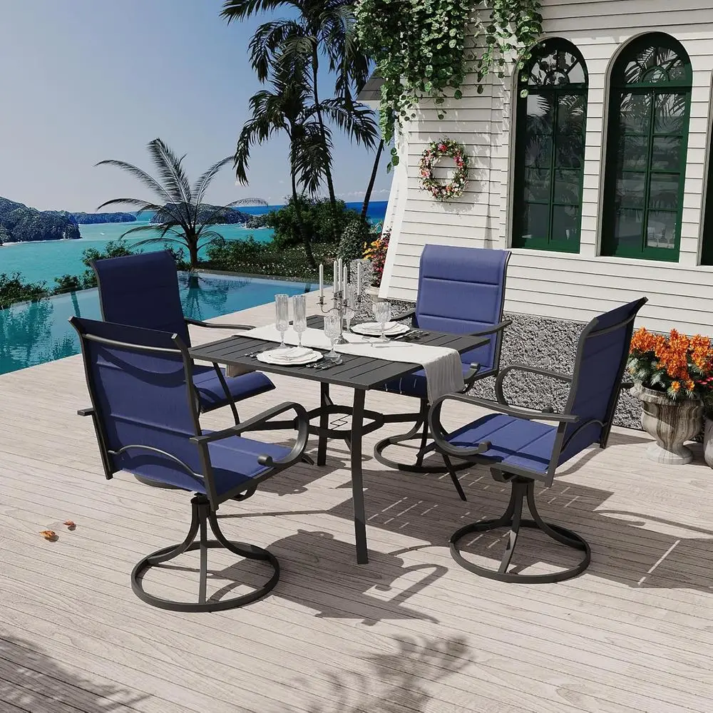 5-Piece Outdoor Dining Set with 4 Swivel Rocker Chairs, High Back Textilene, Square Metal Table, Umbrella Hole, Ideal for Patio,
5-Piece Outdoor Dining Set with 4 Swivel Rocker Chairs, High Back Textilene, Square Metal Table, Umbrella Hole, Ideal for Patio,