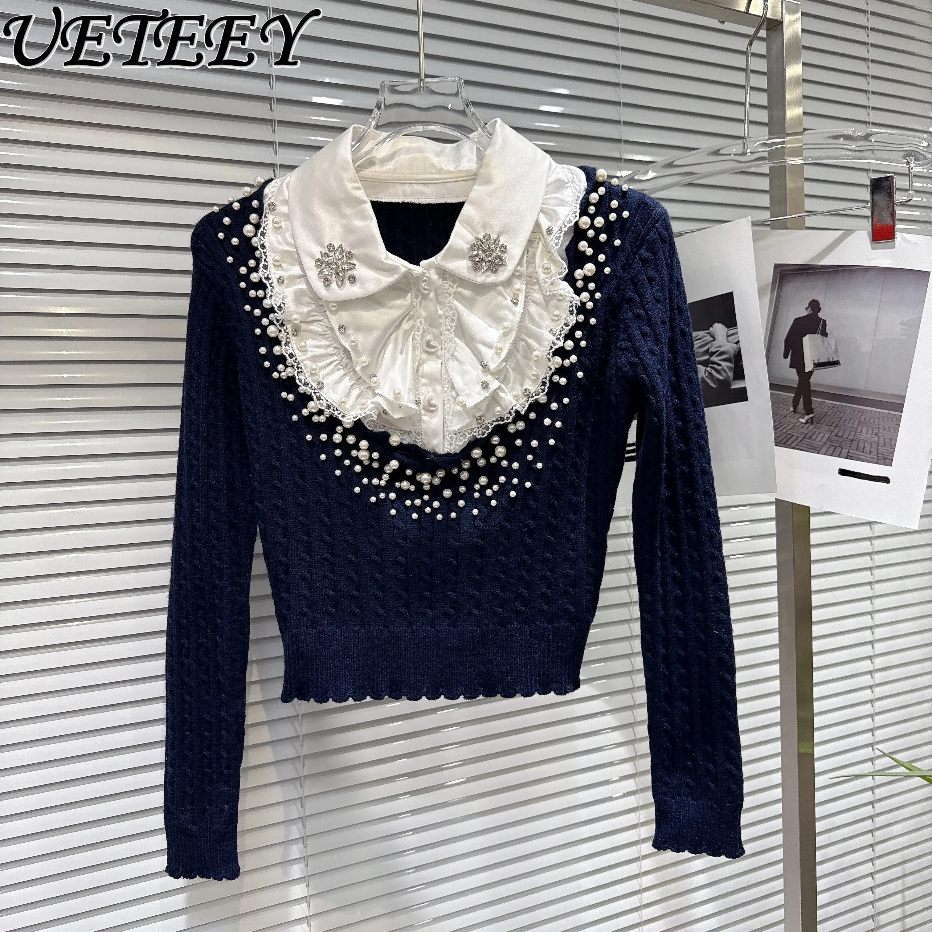 2026 Spring New Pearl Beaded Shirt Collar Patchwork Fake Two-Piece Knitted Sweater Women High Waist Slim Fit Long Sleeve Sweater
2026 Spring New Pearl Beaded Shirt Collar Patchwork Fake Two-Piece Knitted Sweater Women High Waist Slim Fit Long Sleeve Sweater