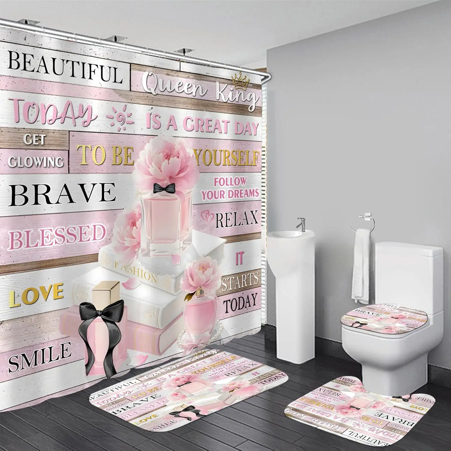 Pink Floral Shower Curtain Set with Rugs and Accessories, Inspirational Quotes for Girly Bathroom Decor
Pink Floral Shower Curtain Set with Rugs and Accessories, Inspirational Quotes for Girly Bathroom Decor