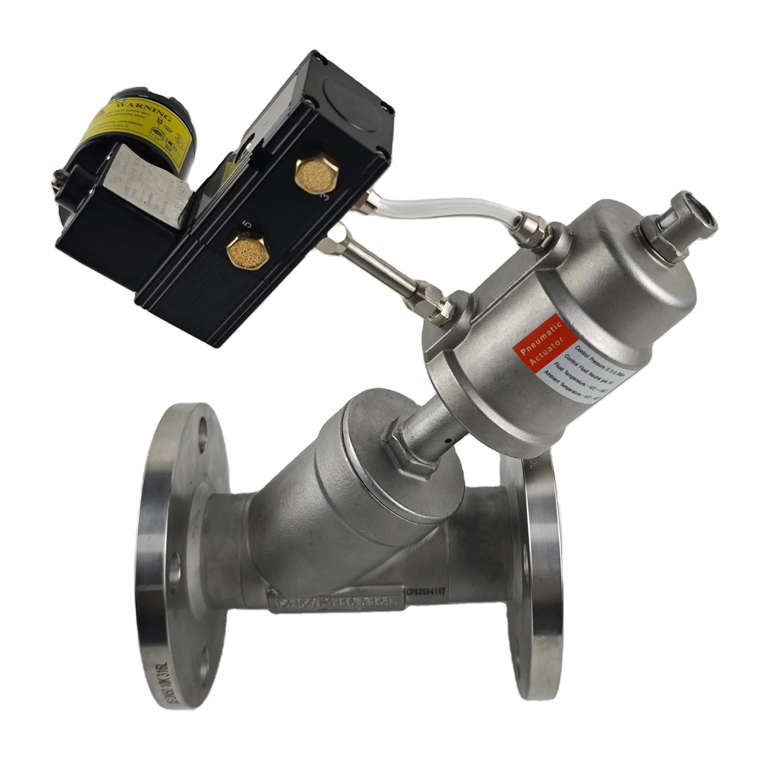 DN50 CF8 PN16 Stainless Steel Flange Type Pneumatic Angle Seat Valve with Explosion-proof Solenoid Valve
DN50 CF8 PN16 Stainless Steel Flange Type Pneumatic Angle Seat Valve with Explosion-proof Solenoid Valve