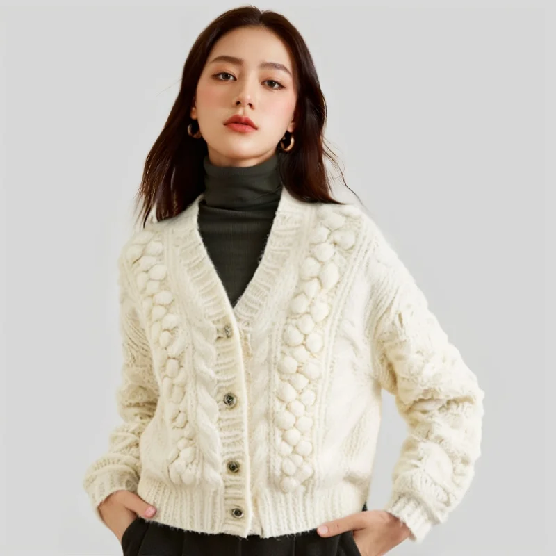 Popular women's heavy-weight handmade knitted cardigan with three-dimensional pom-poms and thick knit
Popular women's heavy-weight handmade knitted cardigan with three-dimensional pom-poms and thick knit