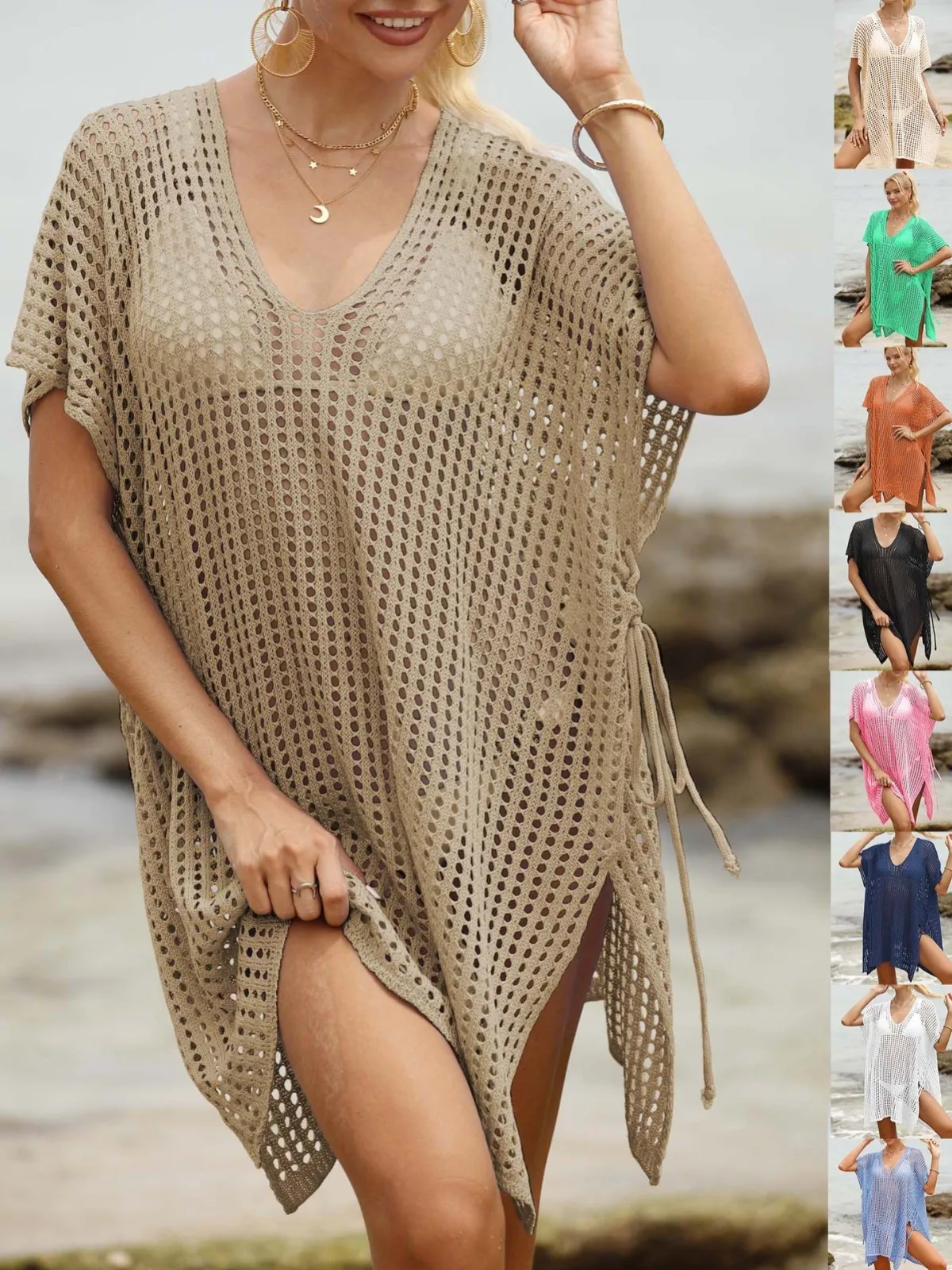 Crochet V Neck Hollow Out Beach Short Sleeve Oversized Swim Side Slit Drawstring Waist
Crochet V Neck Hollow Out Beach Short Sleeve Oversized Swim Side Slit Drawstring Waist