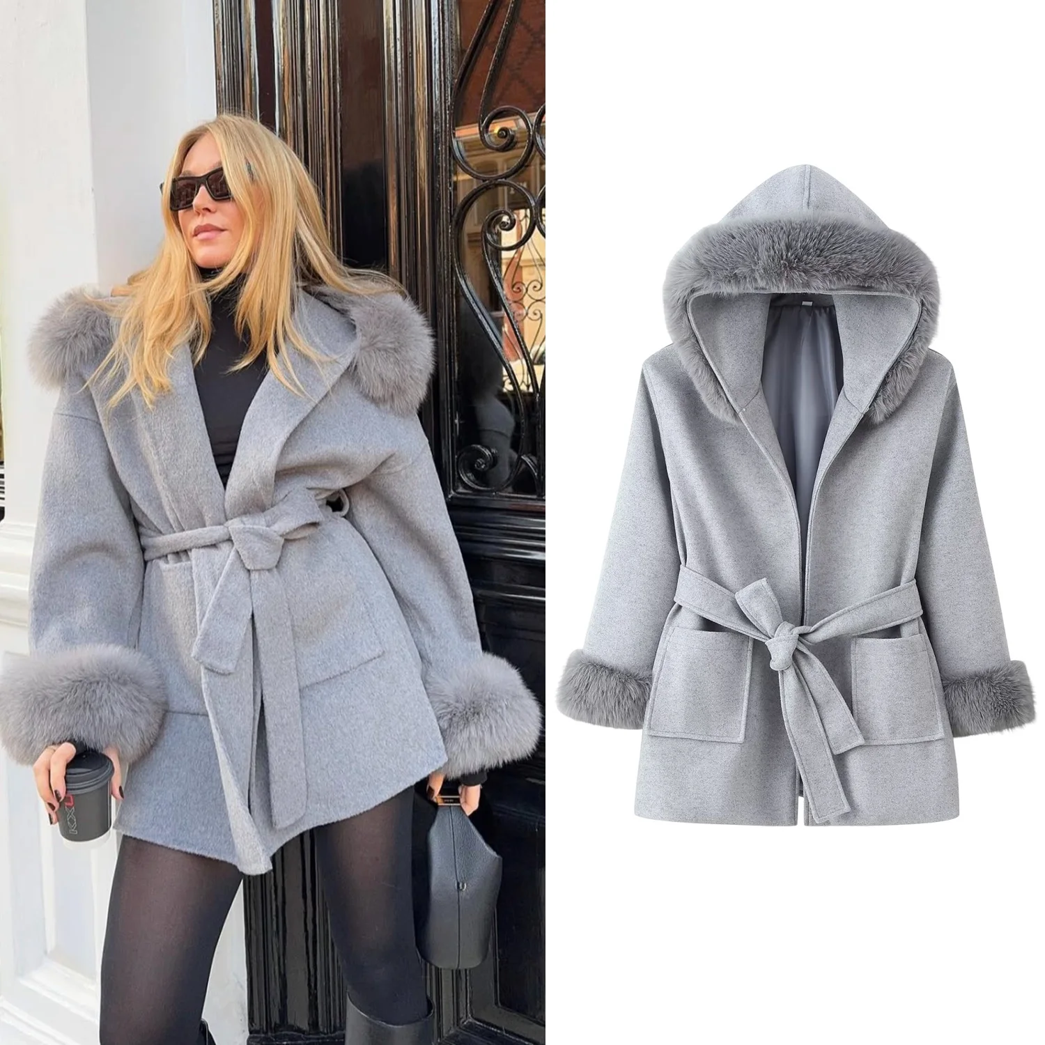 Women Hooded Fur Patchwork Lace-Up Woolen Coat Female Lapel Pockets Full Sleeve Overcoats Autumn Winter Lady Chic Jackets
Women Hooded Fur Patchwork Lace-Up Woolen Coat Female Lapel Pockets Full Sleeve Overcoats Autumn Winter Lady Chic Jackets