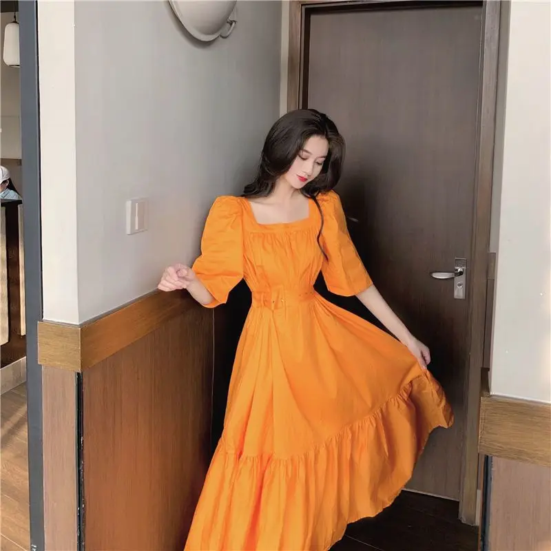 Orange Square Neck Puff Sleeve Midi Dress Sweet Style With Ruffles For Women Summer Casual Wear
Orange Square Neck Puff Sleeve Midi Dress Sweet Style With Ruffles For Women Summer Casual Wear