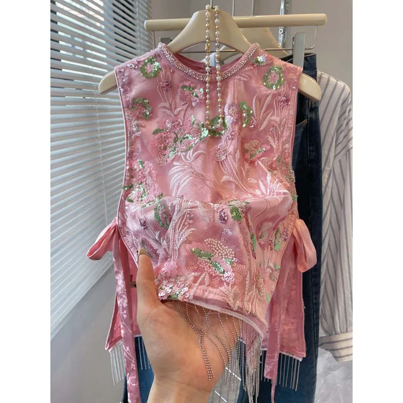 Pink Chinese Embroidery Sleeveless Vest Lace up Flowers Jacket O-neck Sequin Vest Coat Women New Tank Tops Summer
Pink Chinese Embroidery Sleeveless Vest Lace up Flowers Jacket O-neck Sequin Vest Coat Women New Tank Tops Summer