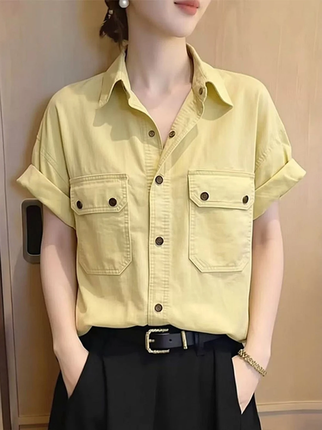 Yellow Pure Cotton Short Sleeve Shirt Women Loose Fit Summer Big Size Slimming Design Sense Top Korean Style Commute Wind
Yellow Pure Cotton Short Sleeve Shirt Women Loose Fit Summer Big Size Slimming Design Sense Top Korean Style Commute Wind