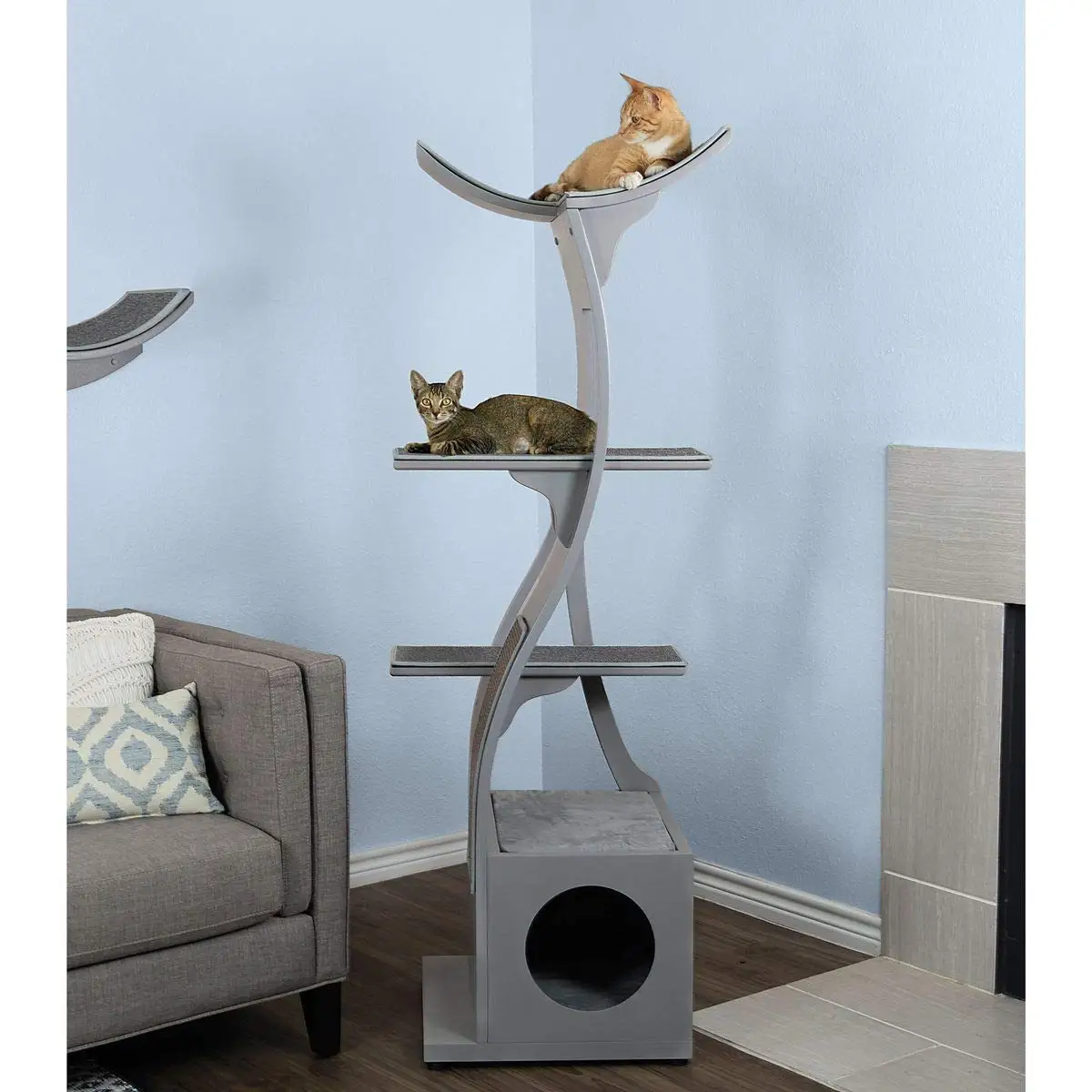 69" Smoke Gray Multi-Level Modern Cat Tree Indoor Climbing Tower with Scratching Post & Cushioned Cubby, Customized
69" Smoke Gray Multi-Level Modern Cat Tree Indoor Climbing Tower with Scratching Post & Cushioned Cubby, Customized